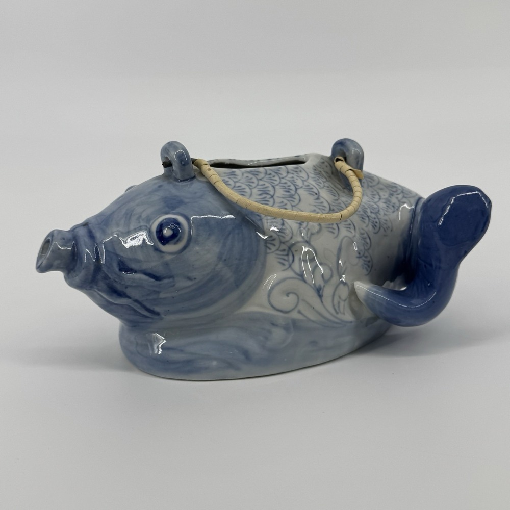 Blue White Hand Painted Ceramic Koi Fish Teapot Planter Vase Cachepot Coastal